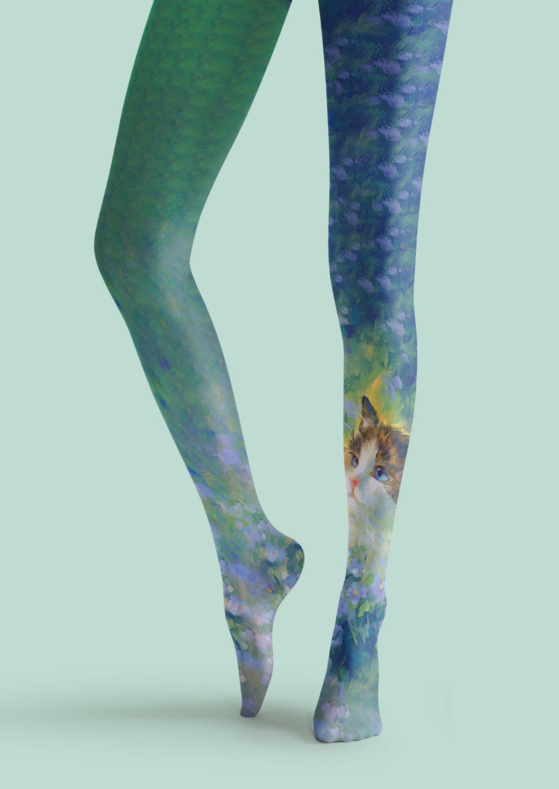 Green Meadow Cat Floral Tights Hosiery Pantyhose