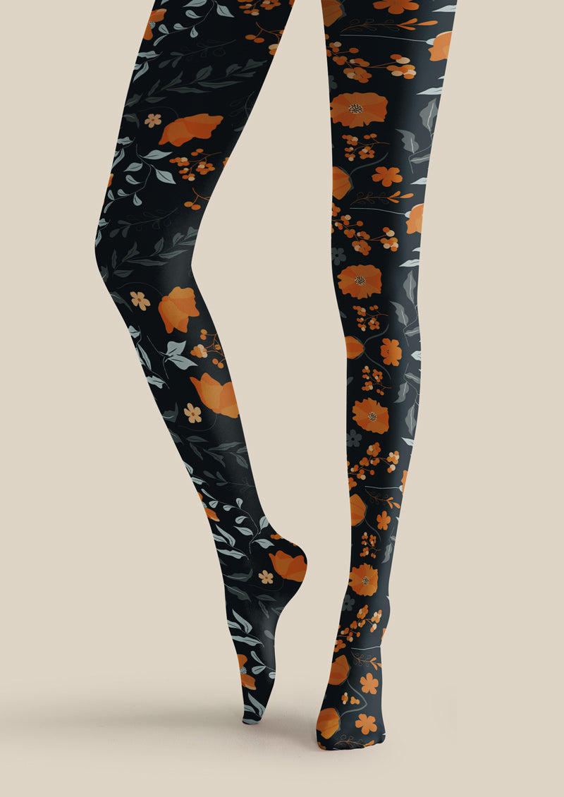Black Orange Floral Tights Hosiery Pantyhose