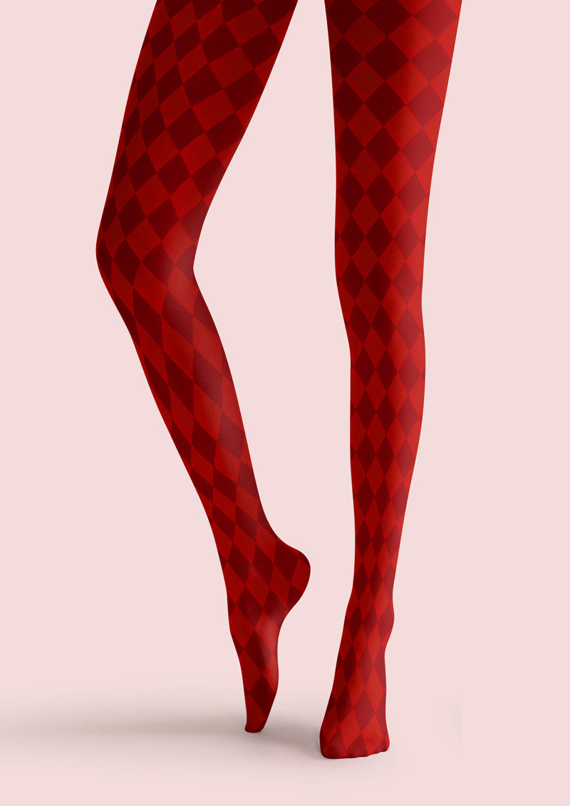 Red Argyle Printed Tights Hosiery Pantyhose