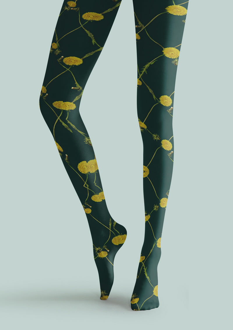 Green Yellow Floral Grid Tights Hosiery Pantyhose