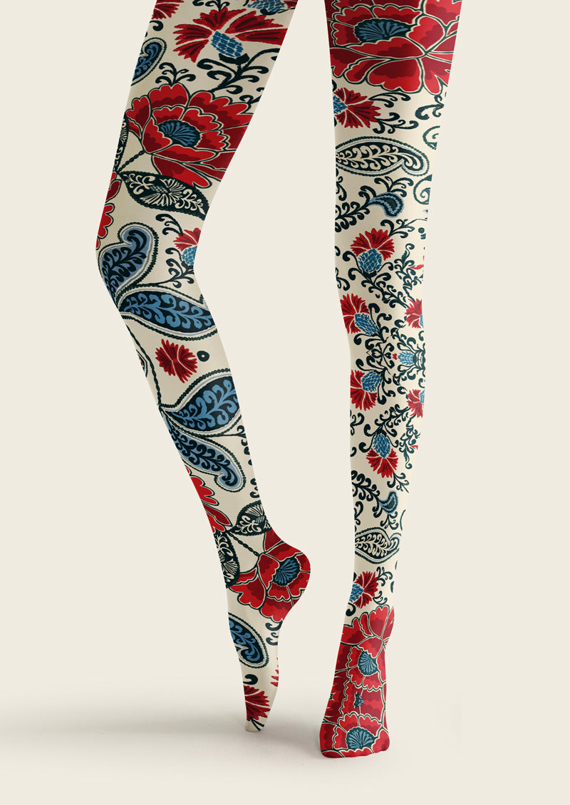 White Red Peony Vintage Tights Hosiery Pantyhose