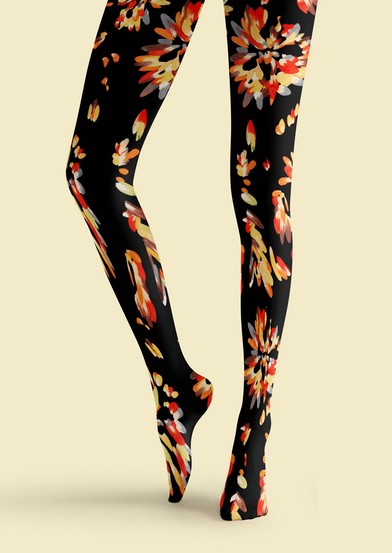 Black Orange Red Firework Floral Tights Hosiery Pantyhose