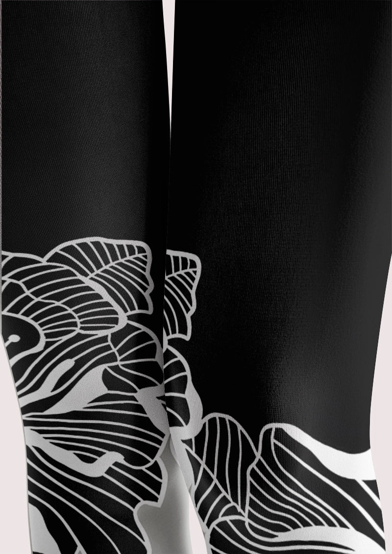 Black Floral Print Footless Tights Hosiery Leggings