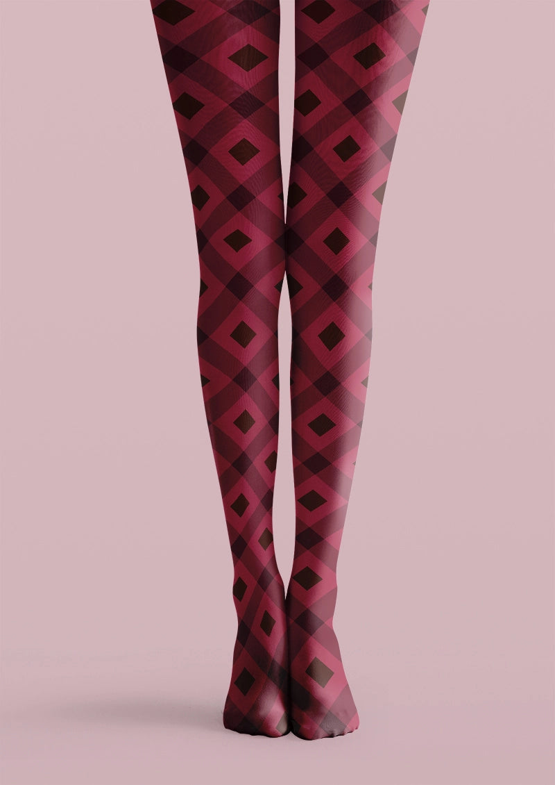 Burgundy Argyle Checkered Pattern Tights Hosiery Pantyhose