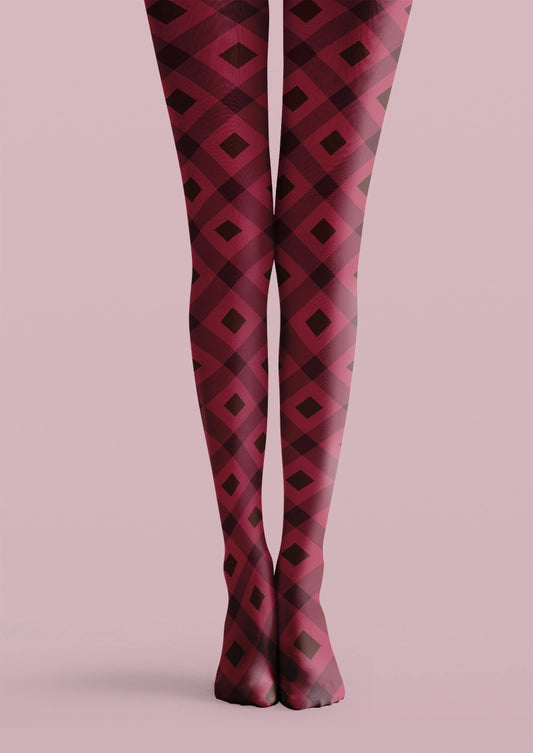 Burgundy Argyle Checkered Pattern Tights Hosiery Pantyhose
