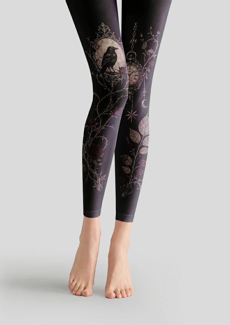 Black footless tights with raven, pocket watch, floral branches, roses, crescent moon and star motifs