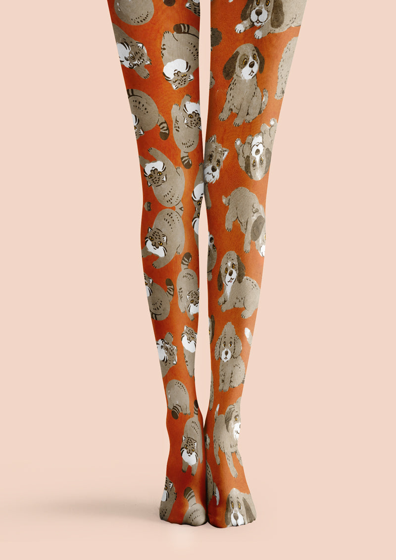 Orange Hand‑Drawn Puppy Print Tights Hosiery Pantyhose