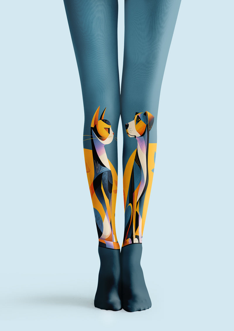 Blue Geometric Cat & Dog Art Tights Hosiery Pantyhose