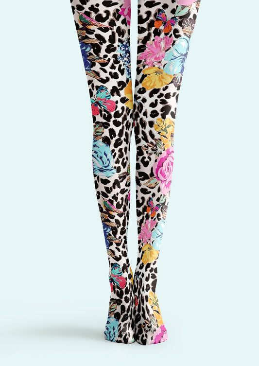 White Leopard Floral Print Tights Hosiery Pantyhose