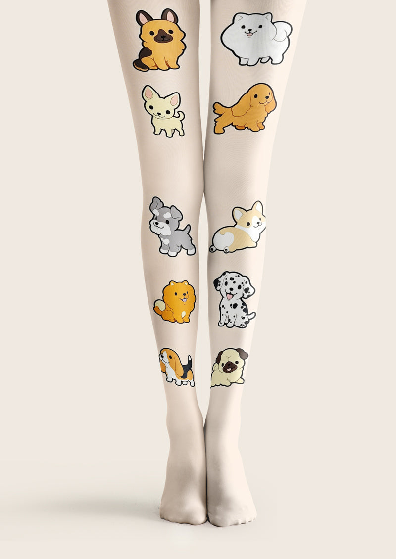 Beige Cartoon Puppy Print Tights Hosiery Pantyhose