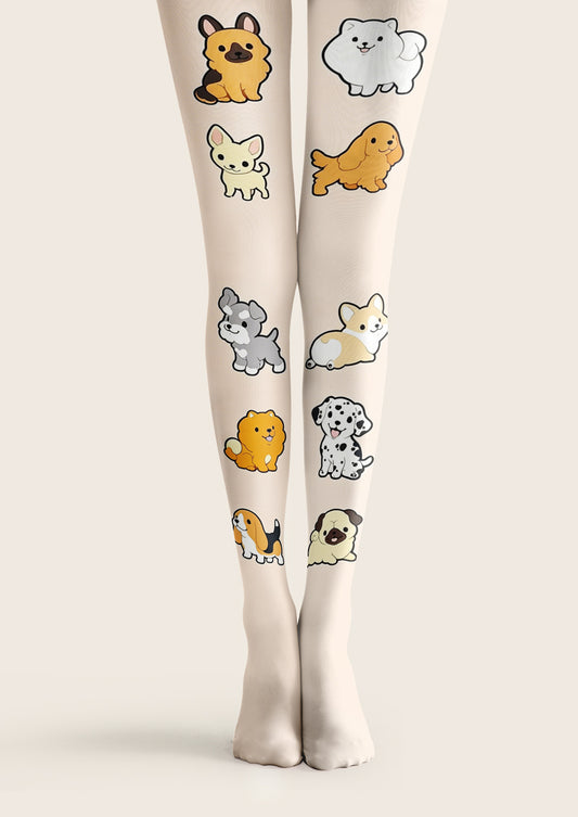 Beige Cartoon Puppy Print Tights Hosiery Pantyhose