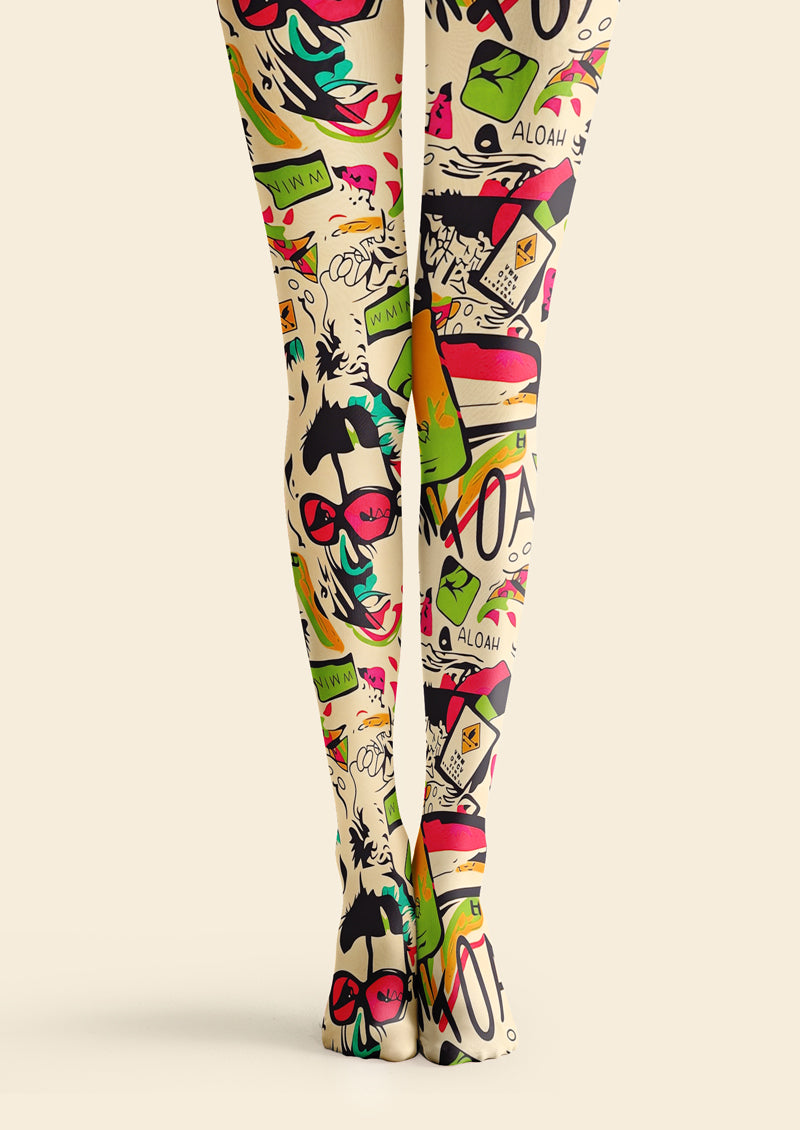 Hawaiian Doodle Print Tights Hosiery Pantyhose
