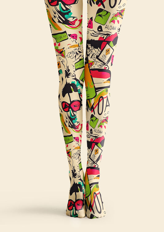 Hawaiian Doodle Print Tights Hosiery Pantyhose