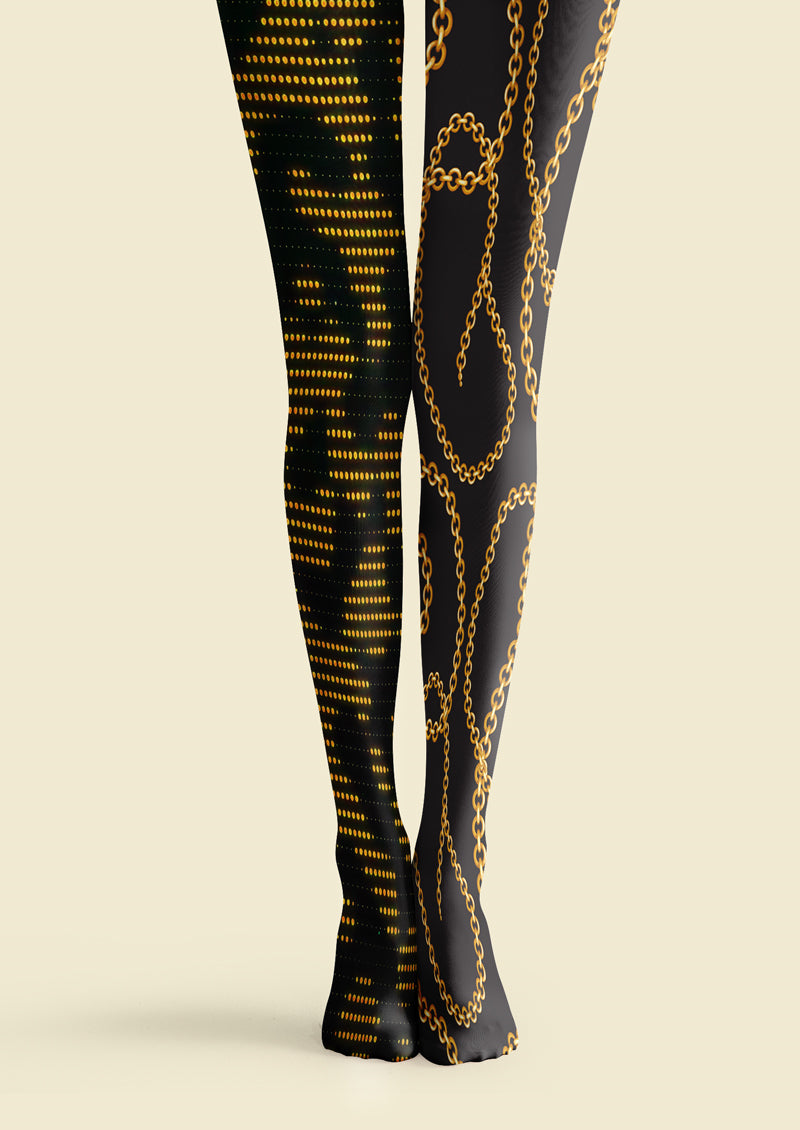 Black Gold Chain & Dot Asymmetric Print Tights Hosiery Pantyhose