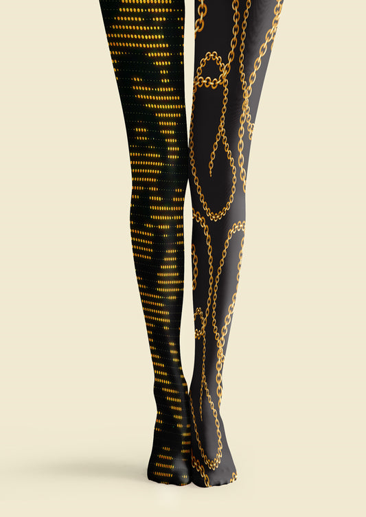 Black Gold Chain & Dot Asymmetric Print Tights Hosiery Pantyhose