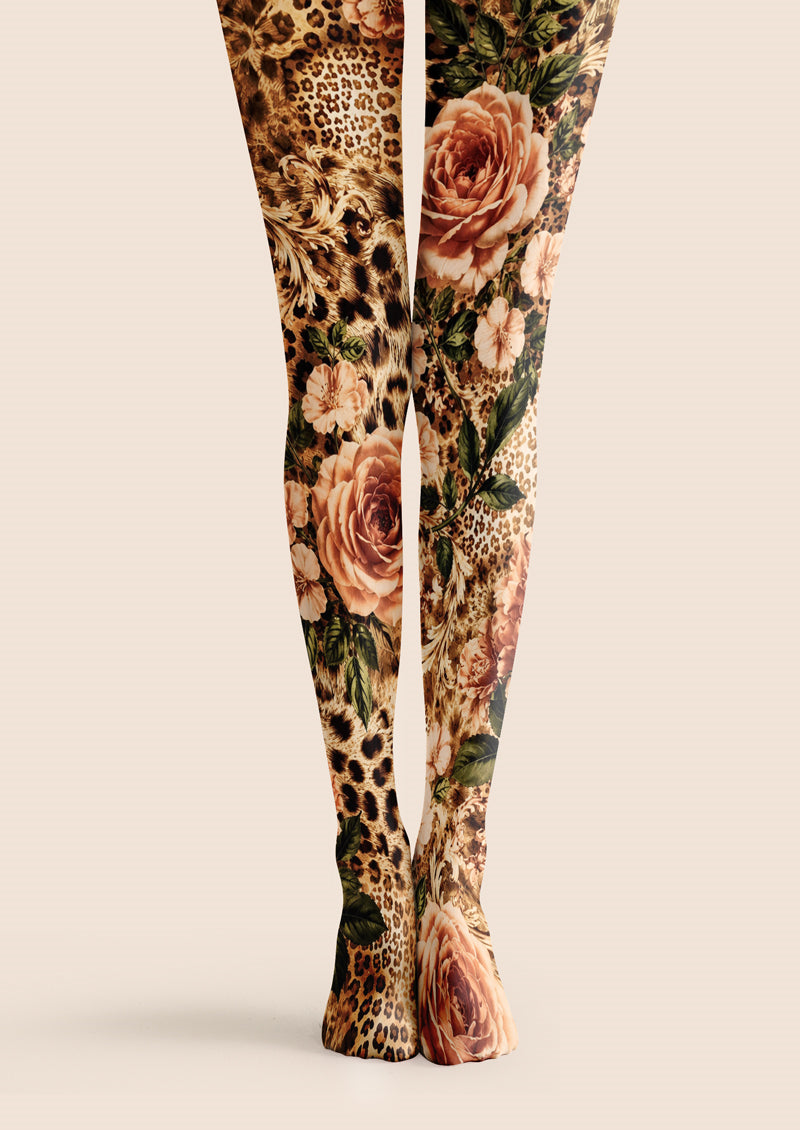 Brown Leopard Rose Floral Tights Hosiery Pantyhose