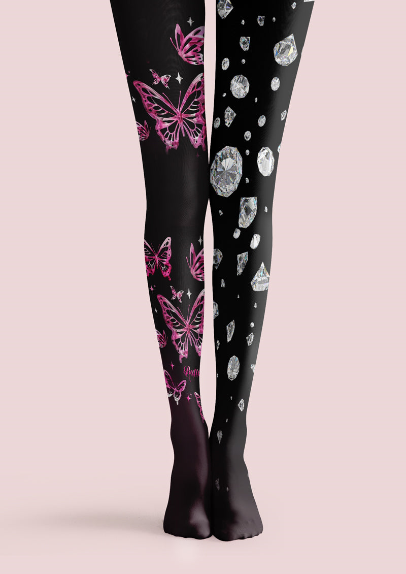 Black Butterfly & Diamond Asymmetric Print Tights Hosiery Pantyhose