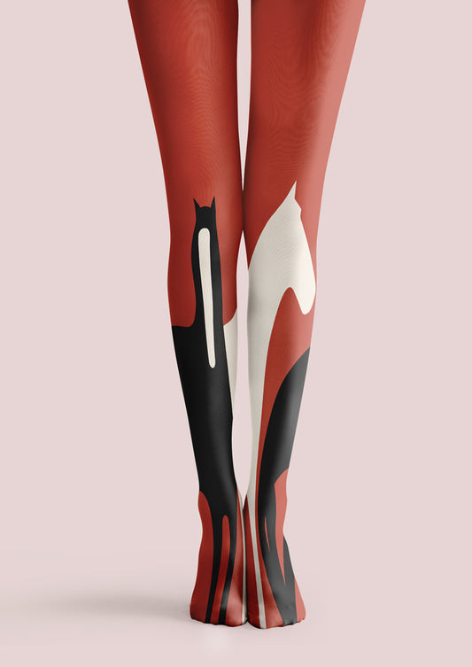 Red Black Abstract Cat Tights Hosiery Pantyhose