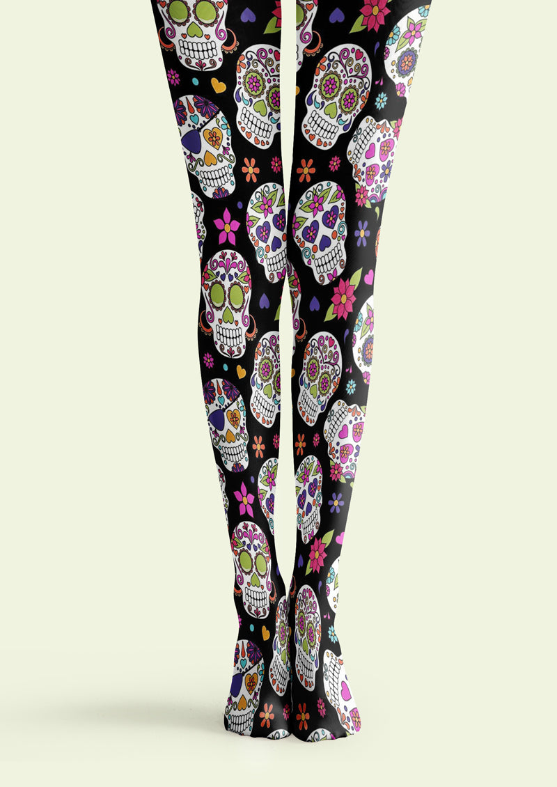 Black Sugar Skull Floral Tights Hosiery Pantyhose
