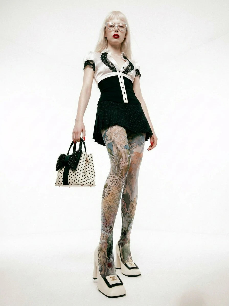 Watercolor Chrysanthemum Floral Tights Hosiery Pantyhose