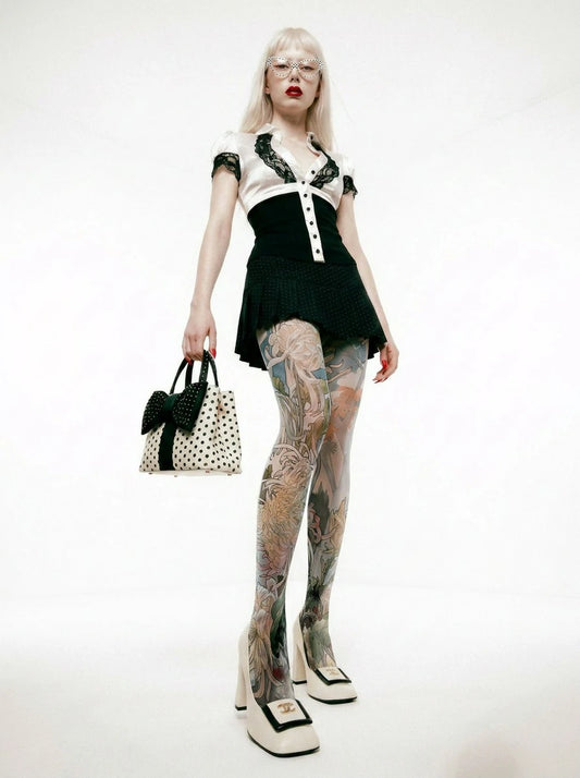 Watercolor Chrysanthemum Floral Tights Hosiery Pantyhose
