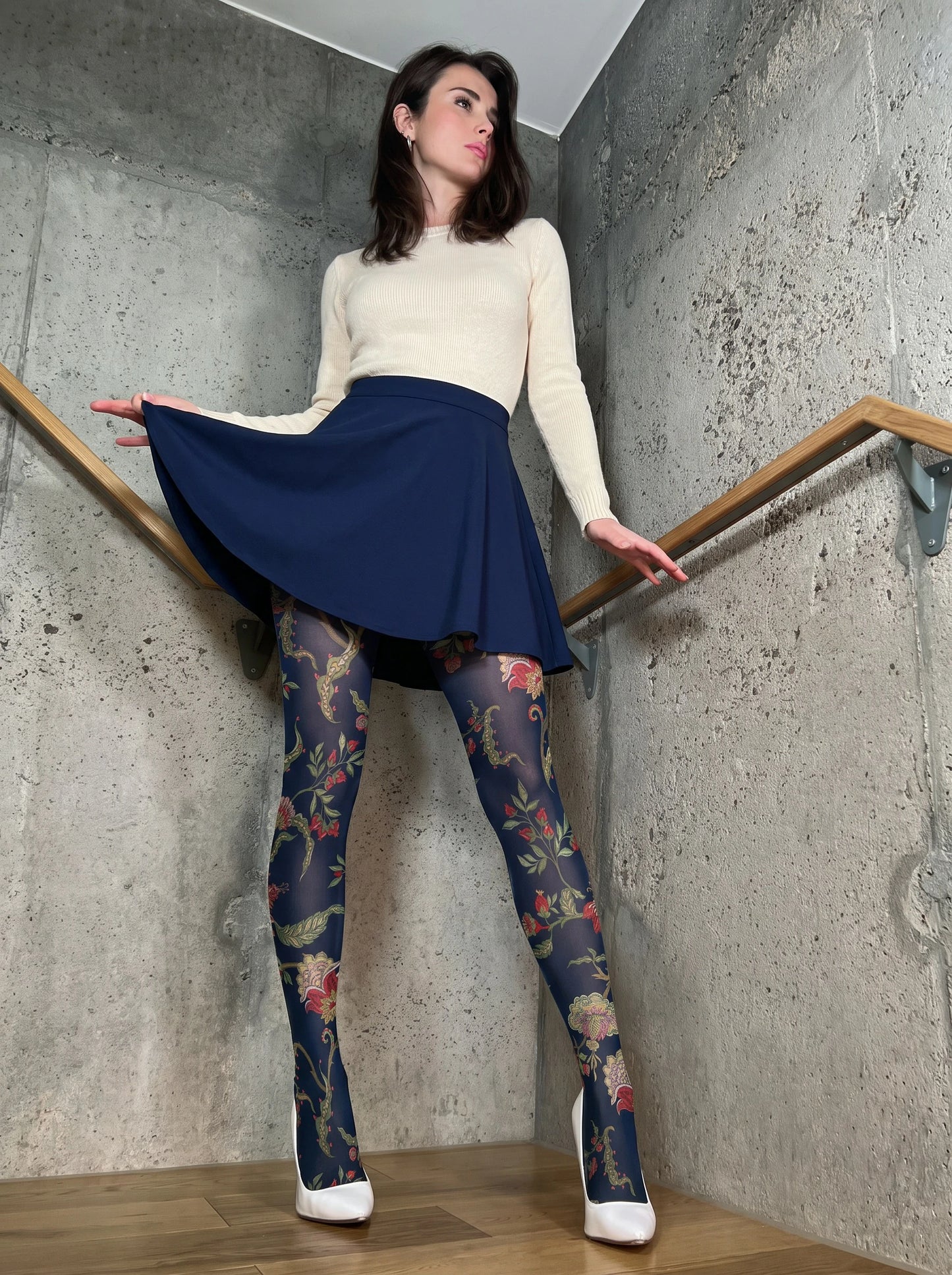 Navy Red Botanical Floral Tights