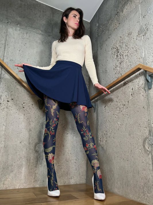 Marineblaue Leggings mit botanischem Blumenmuster