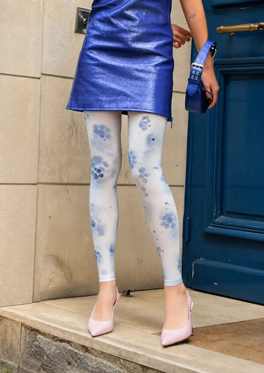 Blue Watercolor Floral Pattern Footless Tights Hosiery Leggings