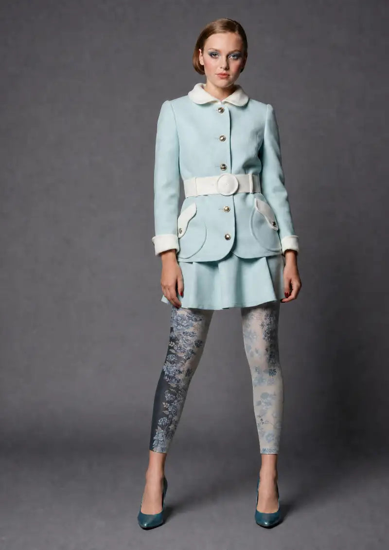 Model wearing Blue Botanical Floral Footless Tights in a styled outfit