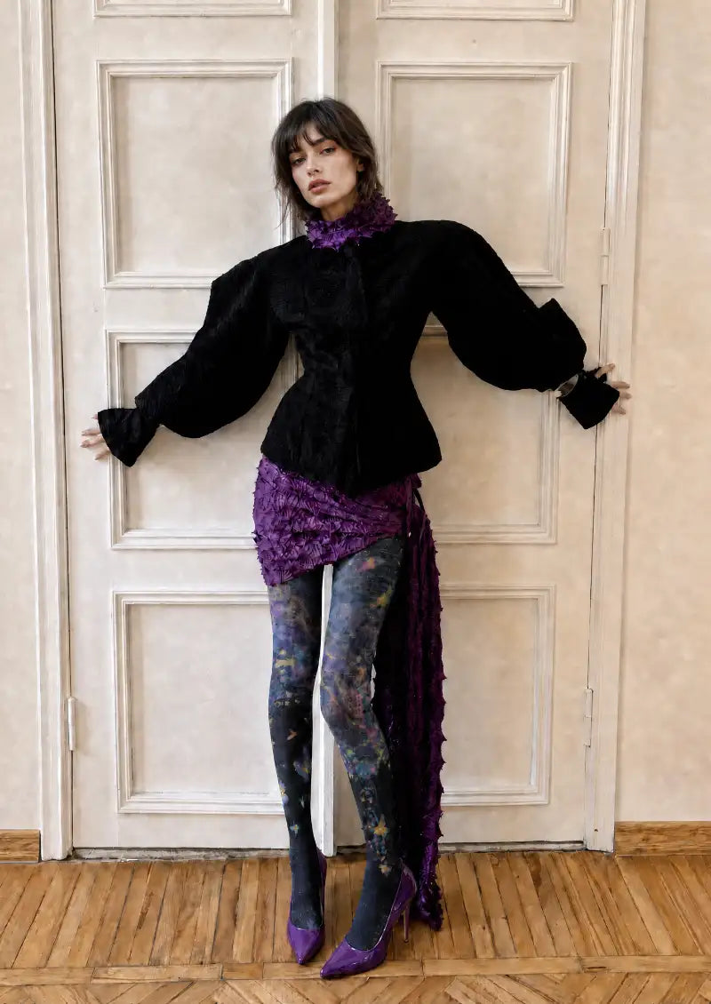 Model wearing Multicolor Galaxy Butterfly Graphic Tights in a styled outfit