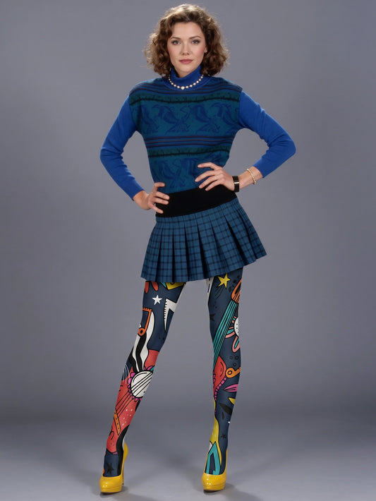 Colorful Guitar & Star Doodle Graphic Tights Hosiery Pantyhose