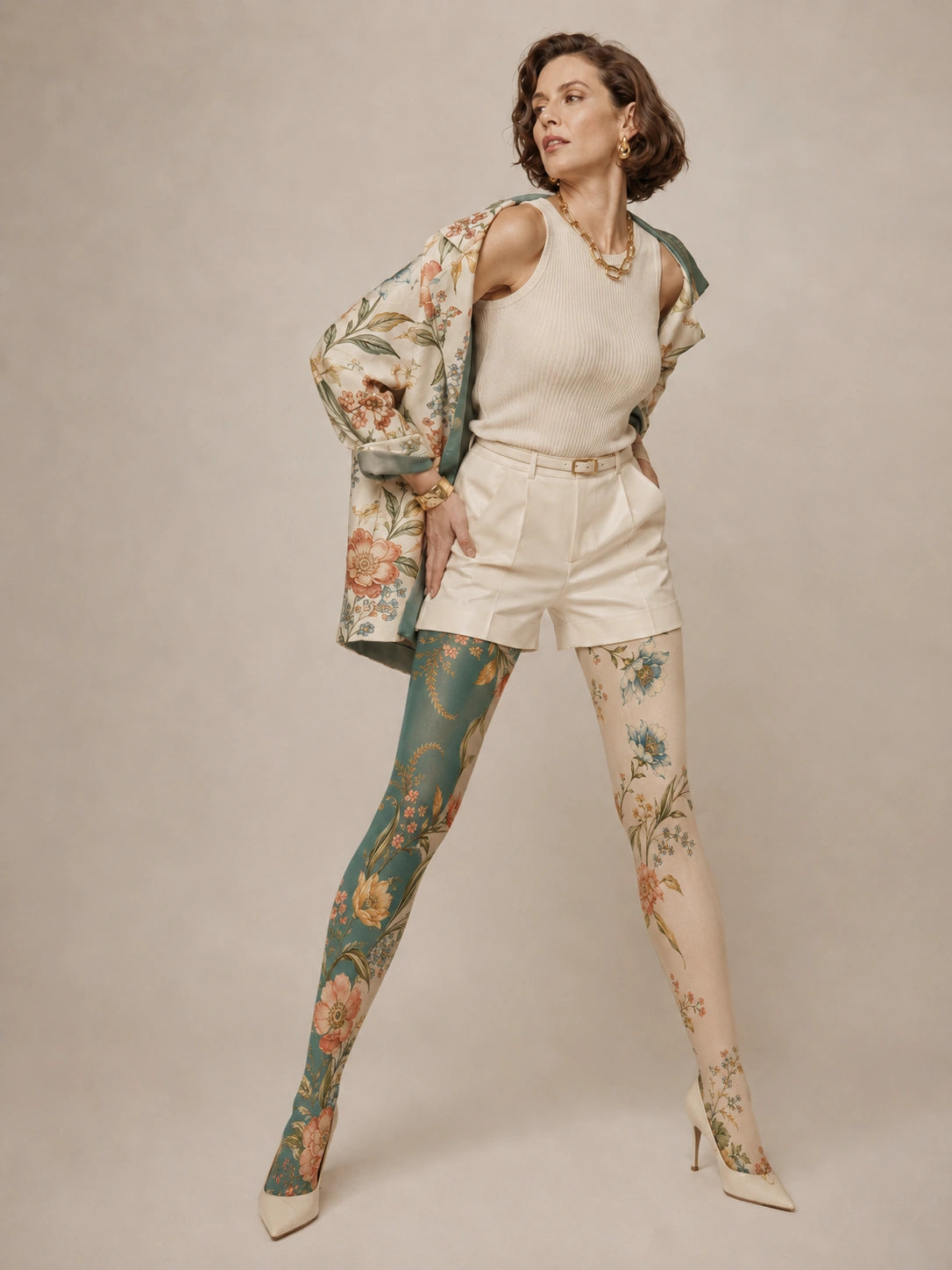 Asymmetric Retro Botanical Floral Print Tights Hosiery Pantyhose