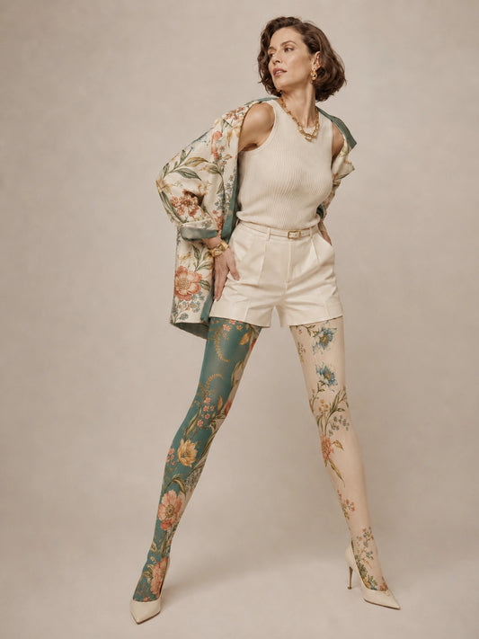 Asymmetric Retro Botanical Floral Print Tights Hosiery Pantyhose