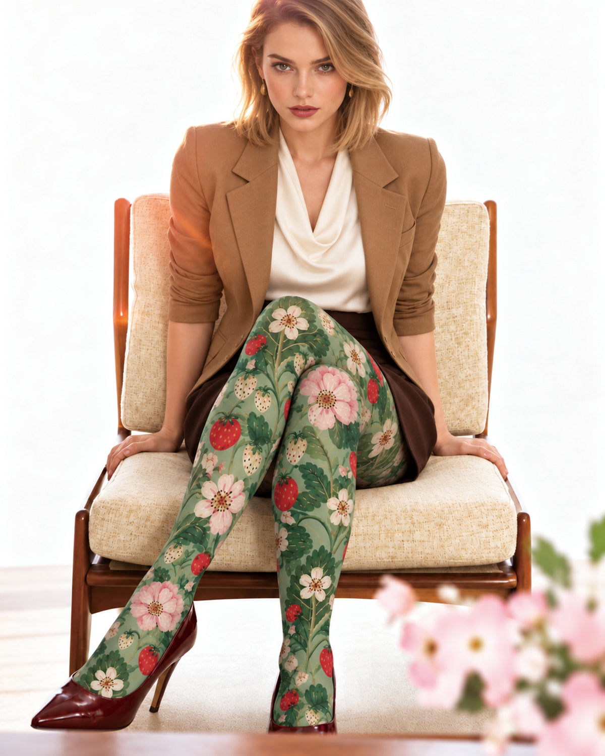 Green Strawberry Floral Tights