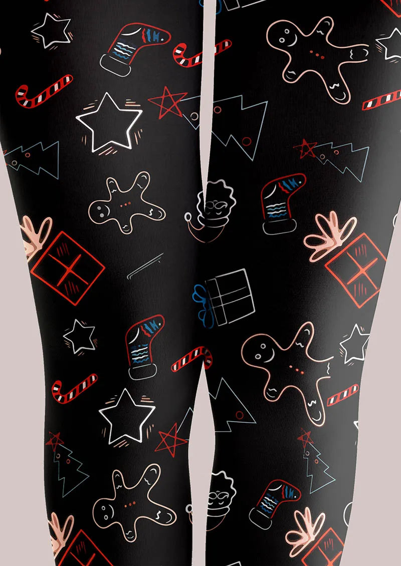 Christmas Fun Art Gingerbread Night Tights Hosiery Pantyhose