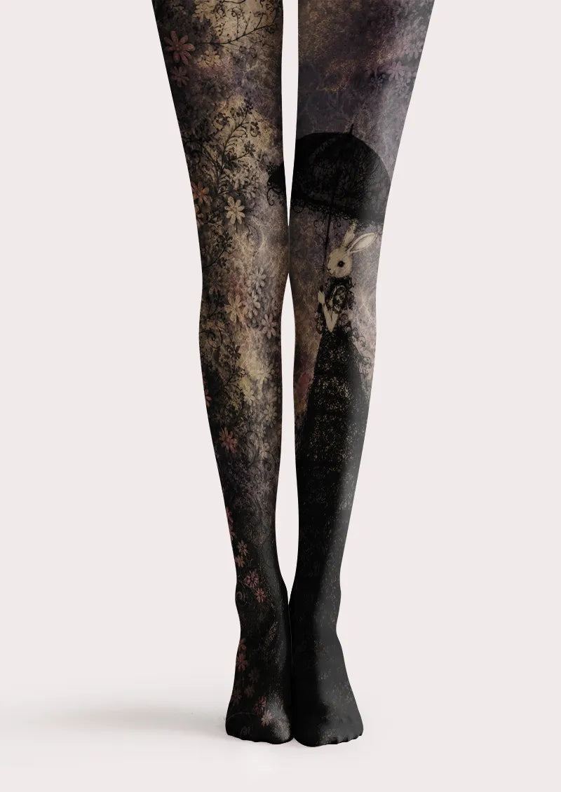 Dark printed tights with floral background and a rabbit holding an umbrella