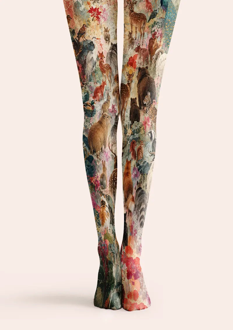 Woodland printed tights with animal collage and floral artwork