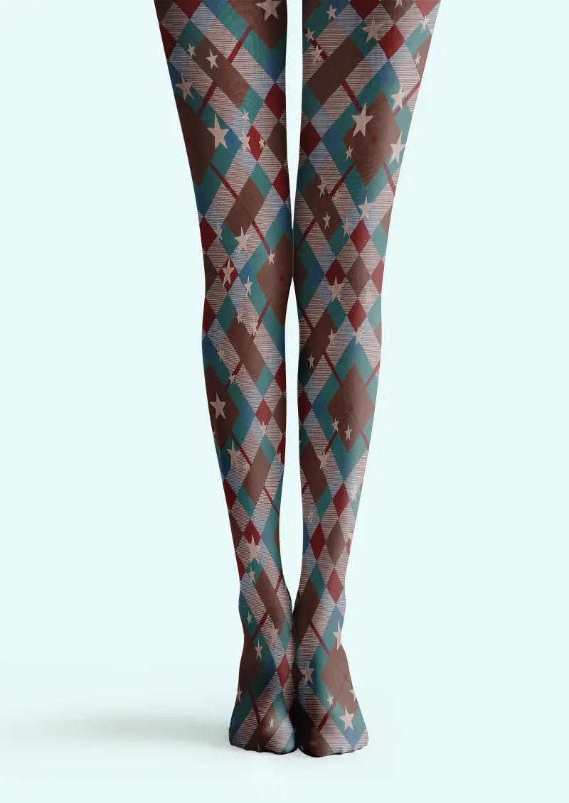 Multicolor printed tights with argyle diamonds, diagonal lines and scattered pale stars
