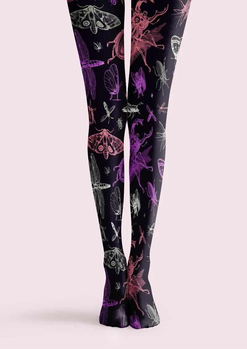 Black printed tights with purple, pink and pale gray line drawings of moths, beetles, dragonflies and butterflies.