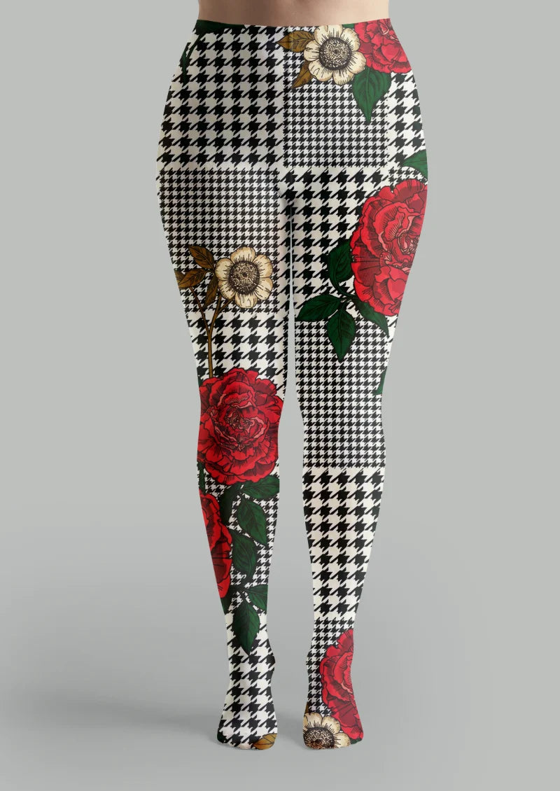 Black White Houndstooth Rose Tights