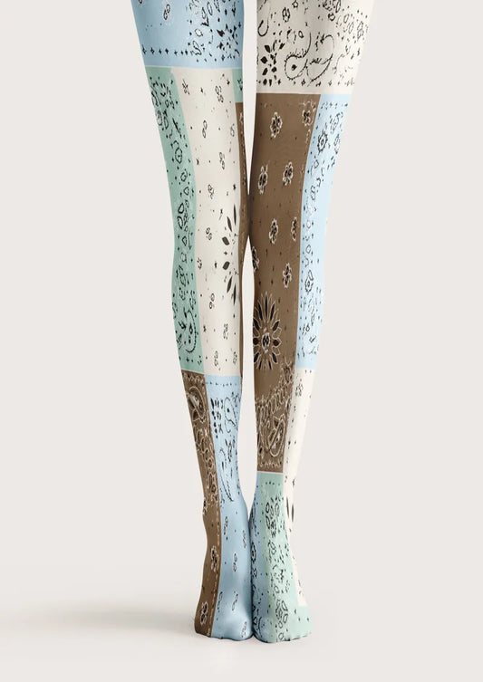 Blue Brown Patchwork Paisley Print Tights Hosiery Pantyhose