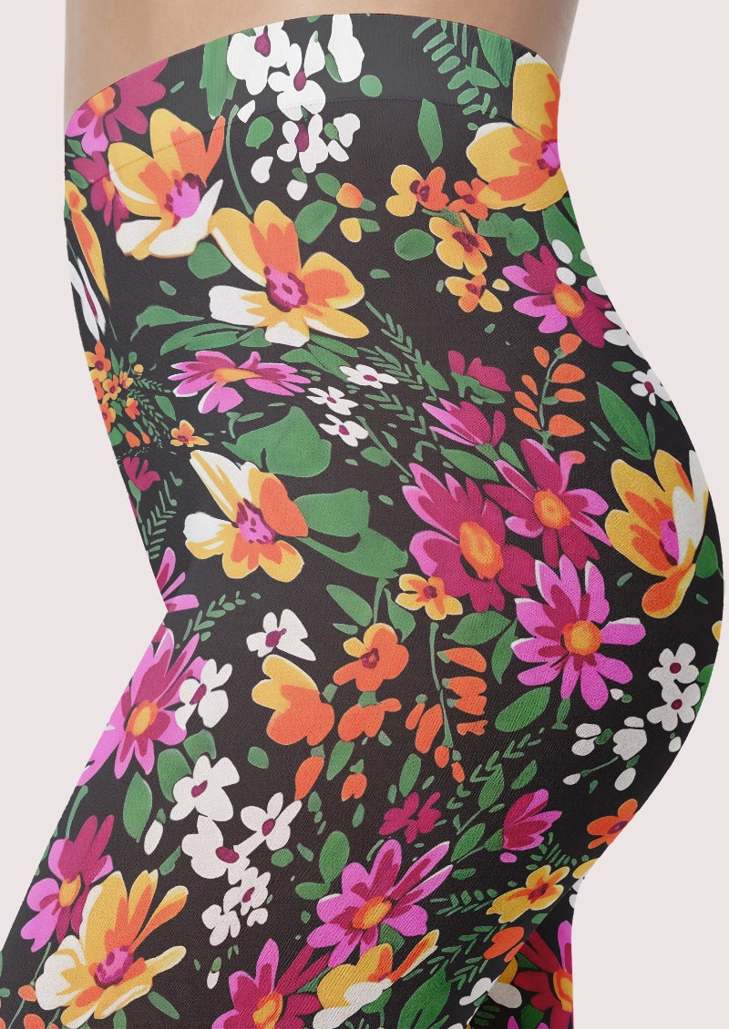 Vibrant Multicolor Botanical Floral Print Footless Tights Hosiery Leggings