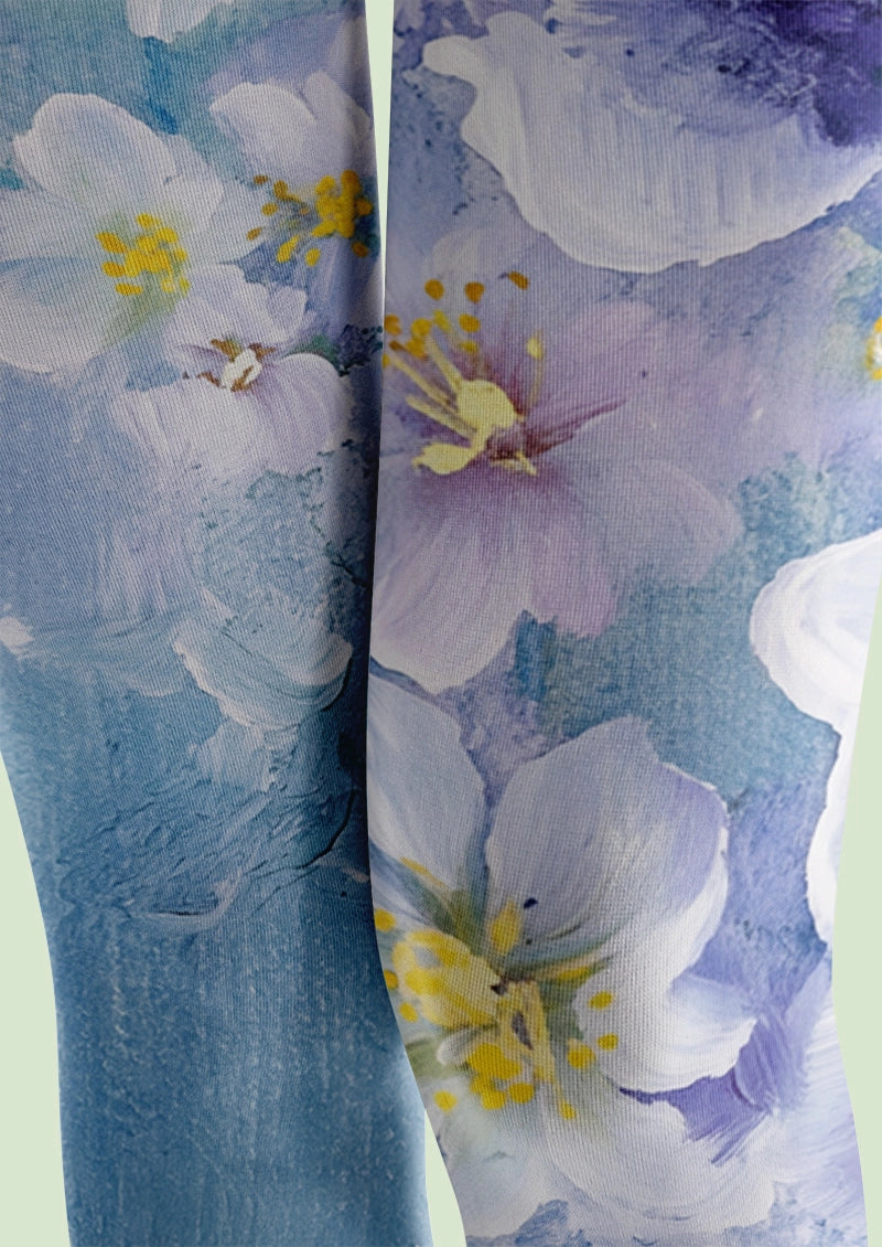 Blue Watercolor Blossom Footless Tights