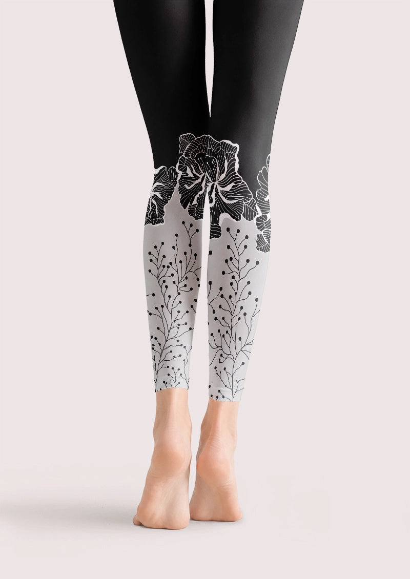 Black Floral Print Footless Tights Hosiery Leggings
