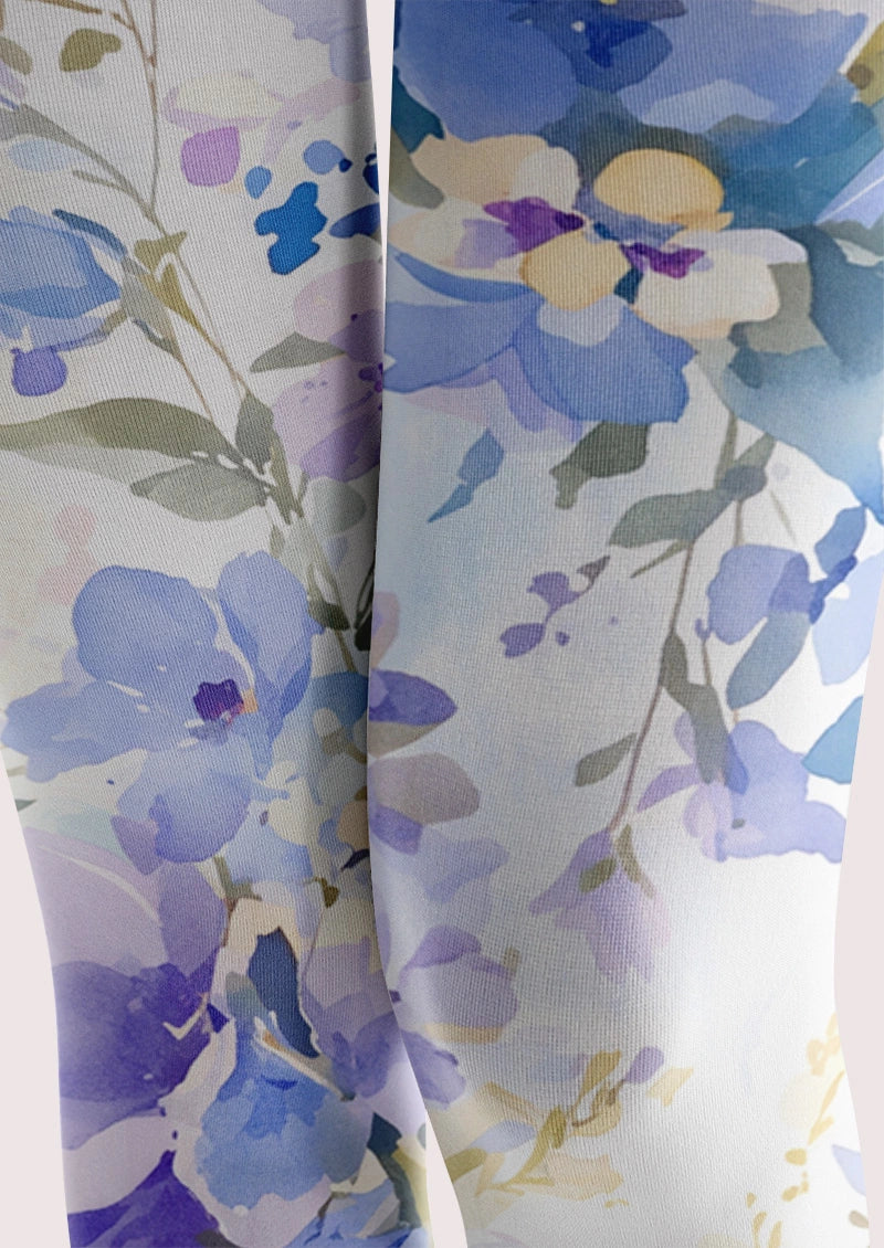 White Blue Watercolor Floral Footless Tights