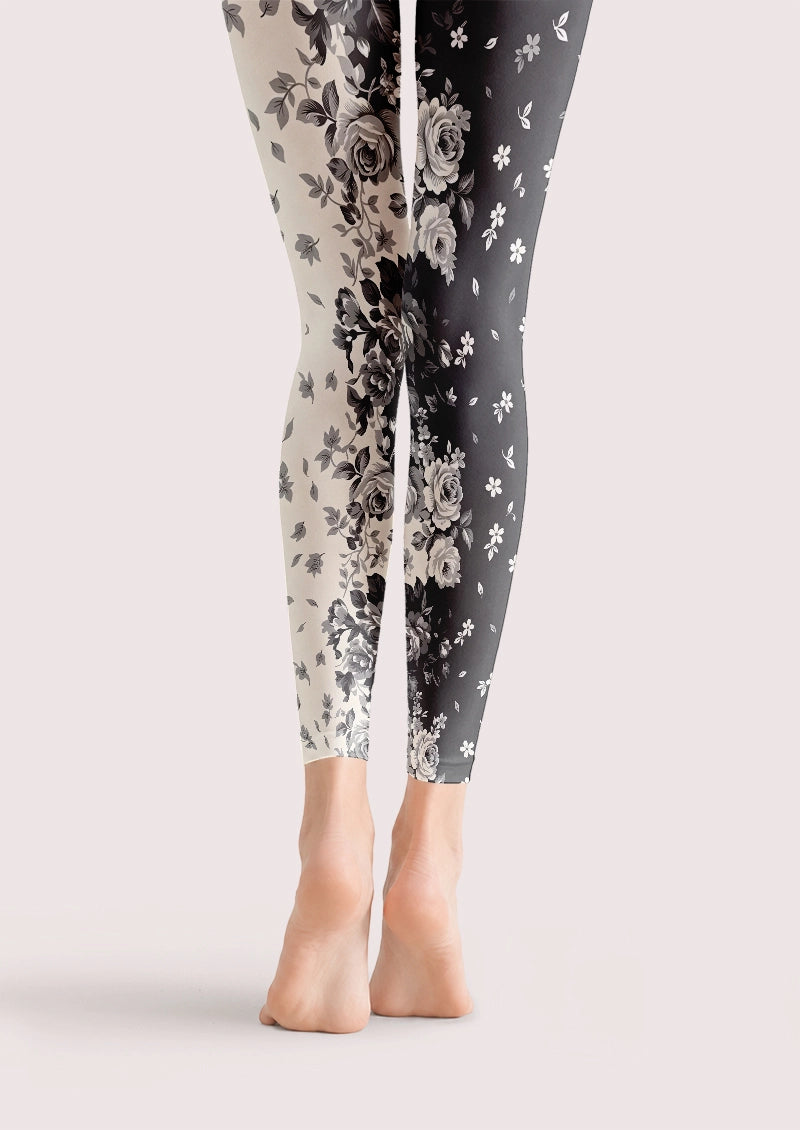 Asymmetric Black and Ivory Rose Print Footless Tights Hosiery Leggings
