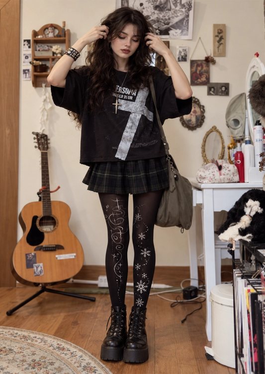 Black Snowflake Swirl Tights
