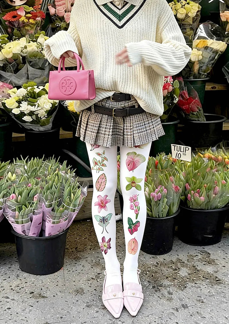 White Botanical Collage Y2K Style Tights Hosiery Pantyhose