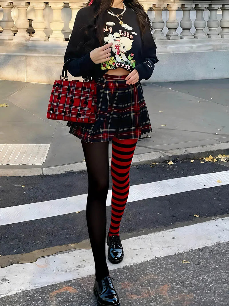 Black-Red Split Stripes Tights Hosiery Pantyhose