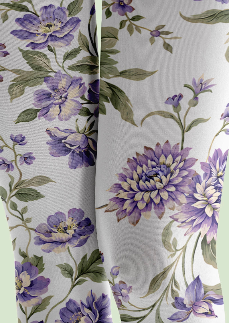 Vintage Purple Botanical Floral Print Footless Tights Hosiery Leggings